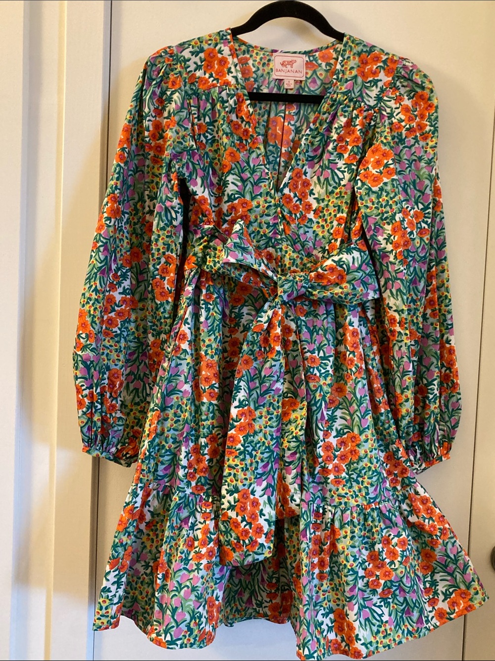 NWOT Banjanan Long Sleeve Floral Tie-Waist Tiered Mini Dress, size S